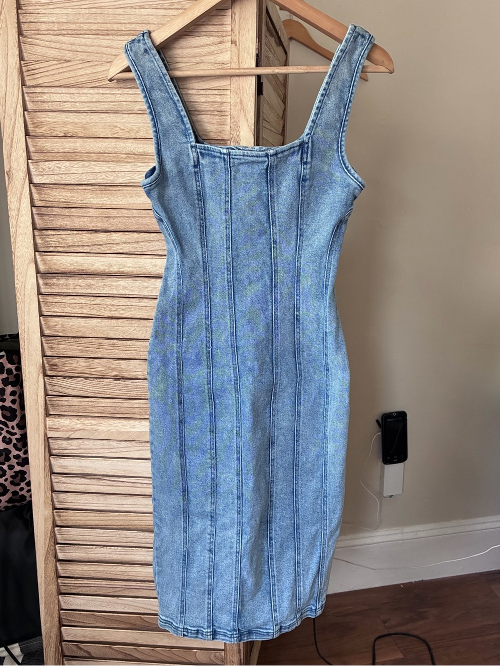 Intempo Women Light Wash Denim Bodycon Midi Dress Square Neck Paneled Blue S